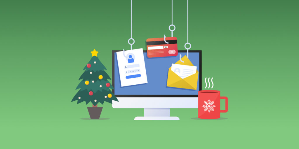 Phishing attacks during the holidays represented by a computer surrounded by a tabletop Christmas tree and snowflake coffee mug. Three fishing lines are dangling in front of the monitor and have hooked a login screen, a credit card, and an eMail envelope.